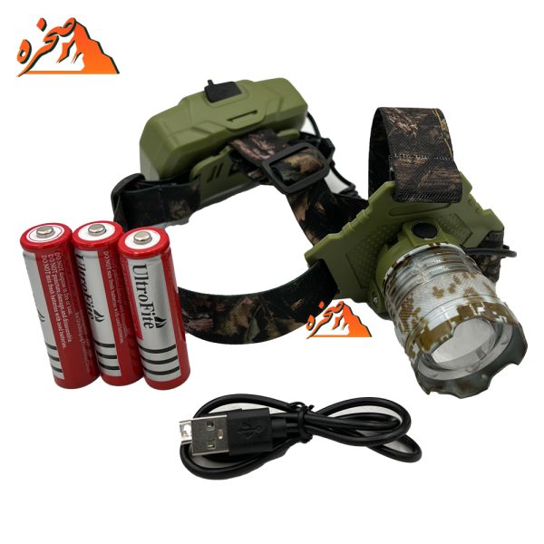 چراغ پیشانی شارژی ارتشی T328 با سه عدد باتری شارژی